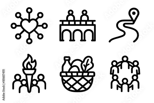 Community Icon Network. Community Connections linear icon set: heart network, support bridge, local pathway, communal torch, resource basket, unity ring