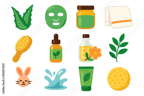 Natural Skincare Icons. Natural Skincare flat icon set: aloe leaf, clay mask, glass jar, face towel, wooden brush, herbal essence, flower oil, leaf sprig, eco tube, cruelty-free