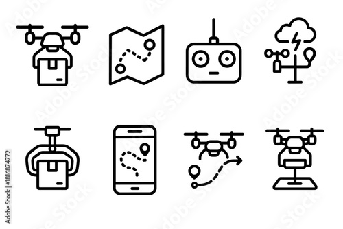 Smart Drone Icons. Smart Delivery Drones linear icon set: cargo drone, route planner, smart controller, weather sensor, package clip, live tracking screen, automated flight path