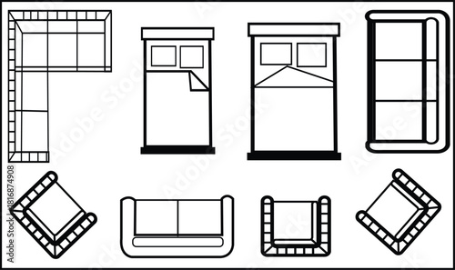 A technical black and white vector illustration showing a variety of architectural floor plan symbols for common bedroom furniture, including two double beds (top and side views), a large closet.