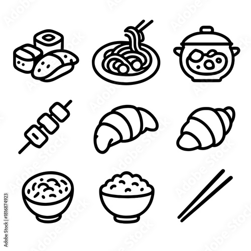 World Cuisine Icons. World Cuisines linear icon set: sushi, taco, pasta dish, curry pot, kebab, croissant, rice bowl, chopsticks