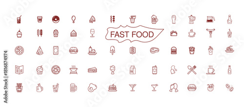  Fast Food Icon Set with Burgers, Pizza, Fries and Drinks .