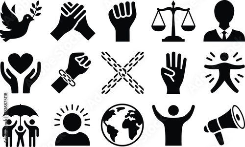 Diverse set of silhouette peace, dove, solidarity, unity, protest, power symbolizing concepts like human rights social justice freedom peace unity and activism
