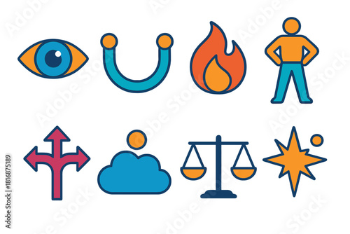 Performance Psychology Icons. Performance Psychology Skills flat icon set: concentration eye, resilience curve, motivation flame, confidence stance, decision arrow, visualization