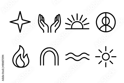 Spiritual Symbol Icons. Spiritual Connection Set linear icon set: guiding star, open hands, rising light, harmony circle, gentle flame, unity arc, calm wave, radiant point