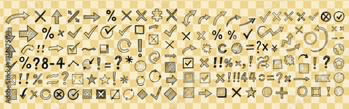 Hand drawn doodle sketch pattern with arrows signs symbols and shapes on a checkered background