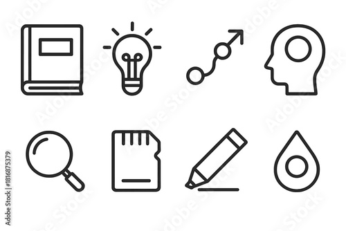 Skill Learning Icons. Skill Learning Icons linear icon set: workbook tile, idea flare, step-by-step path, comprehension dot, focus lens, memory card, practice marker, clarity bead