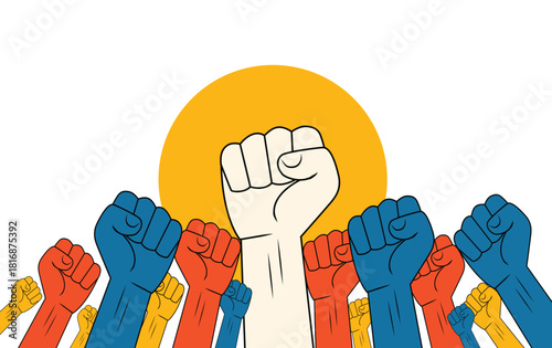 Diverse colorful fists raised high in solidarity and strength before a radiant yellow sun