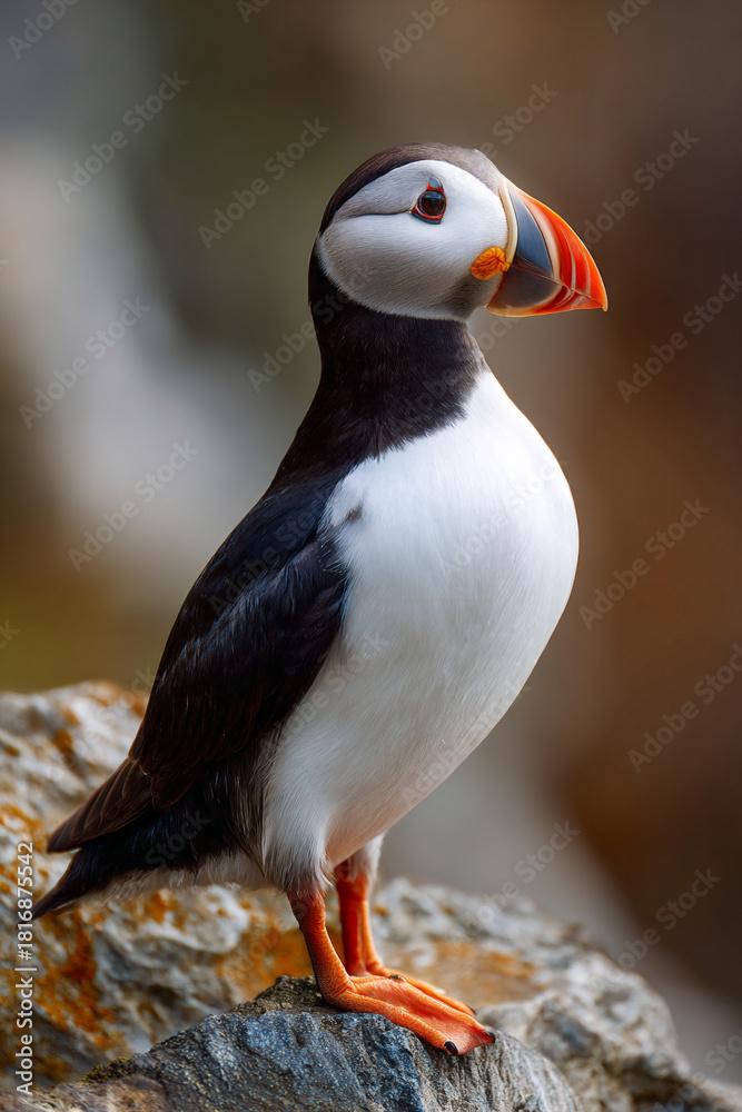 Naklejka premium American puffin perched on coastal rock in Iceland’s rugged landscape