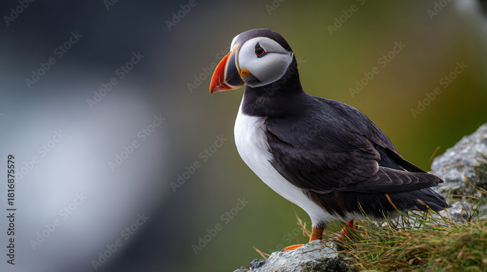 Obraz premium American puffin perched on coastal rock in Iceland’s rugged landscape