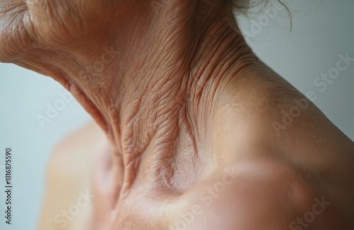 Wrinkled skin on neck and shoulder of older woman. Fine lines and folds on aged skin. Loss of elasticity and firmness. Signs of ageing and environmental impact.