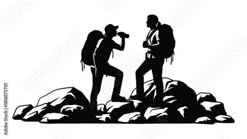 Hiking silhouette on rocky terrain isolated on white background, Vector