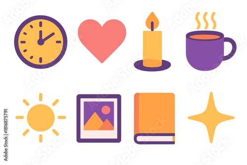 Cherished Moments Icons. Cherished time flat icon set : clock face, heart symbol, candle flame, warm mug, photo frame, book, light glow, star
