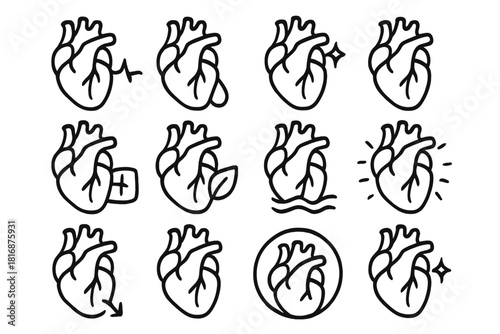Heart Icons Collection. Human Heart linear icon set: anatomical heart, heartbeat line, pulse, droplet, star, flame, medical cross, leaf, wave, circle, glow, arrow