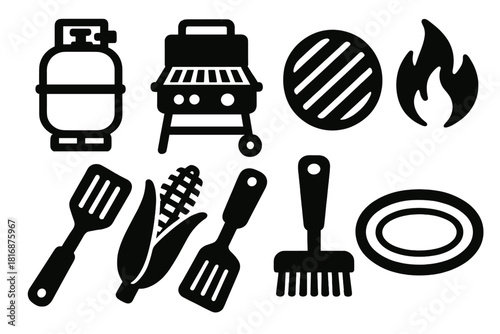 Gas Grilling Icons. Gas Grilling silhouette icon set: propane tank, gas grill, burger patty, flame icon, spatula, corn cob, grill brush, serving plate