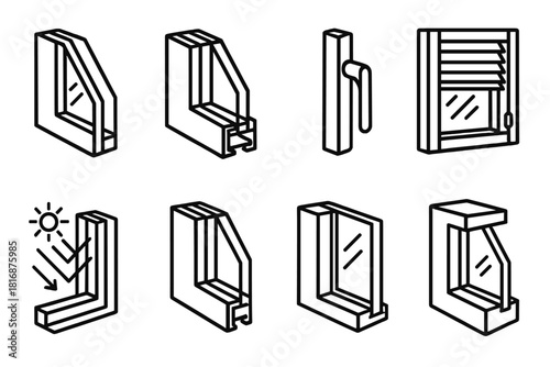 Modern Window Design. Modern Window Design linear icon set: double-glazed pane, window frame, solar coating, air seal, handle latch, insulated blinds, light reflection, wall