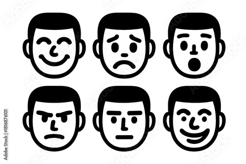 Man Facial Expressions. Man Expressions Set silhouette icon set: happy man face, sad man face, surprised man face, focused man face, neutral man face, laughing man face