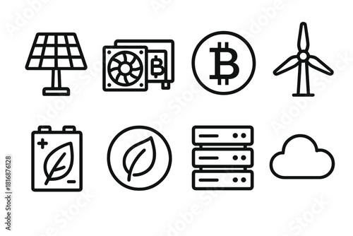 Ecological Crypto Icons. Green Cryptocurrency Mining linear icon set. solar panels, mining rig, bitcoin symbol, wind turbine, battery pack, leaf icon, data server, cloud