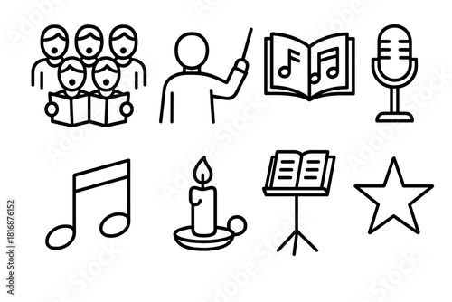 Choral Performance Icons. Choral Performance linear icon set: choir, conductor, music sheet, microphone, note, candle, stand, star