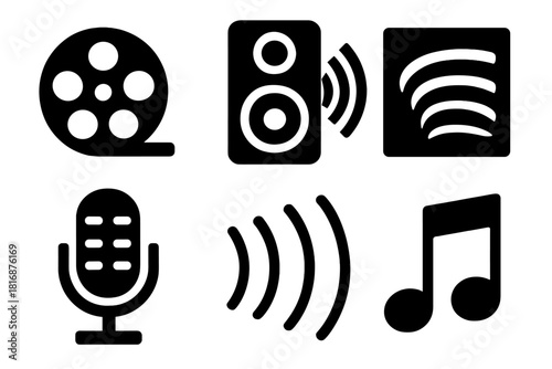 Cinematic Sound Icons. Cinematic Sound silhouette icon set. film reel, surround speaker, reverb icon, echo lines, ambient mic, music note