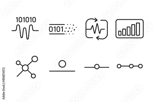 Tech Icons Array. Digital Signal linear icon set: binary wave, data stream, sync arrows, network pulse, digital bar, tech node, interface dot, system indicator