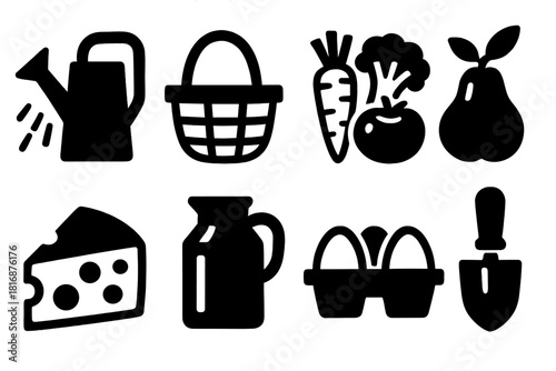Sustainable Farm Icons. Sustainable Farm Set silhouette icon set. watering can, basket, vegetables, fruits, cheese, milk jug, eggs, hand spade.
