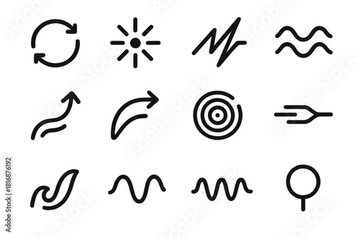 Vital Energy Icons. Vital Energy Elements linear icon set: circulation loop, radiant pulse, dynamic motion line, wave streak, energy drift arrow, momentum arc, charged ripple