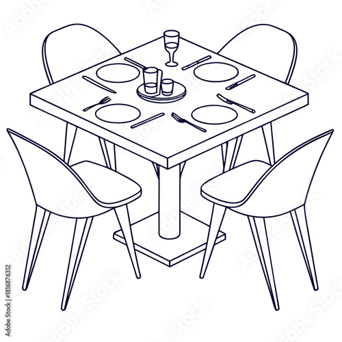 A square dining table set with four chairs and place settings