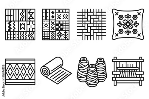 African Textile Icons. African Textile Designs linear icon set. kente cloth, mudcloth pattern, woven mat, embroidered pillow, geometric border, fabric roll, colorful threads