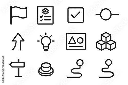 Project Startup Icons. Project Beginning Icons linear icon set: kickoff flag, planning sheet, first task box, initial milestone dot, startup arrow, concept sketch, early blueprint