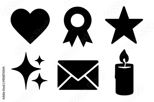 Brutalist Sentiment Icons. Sentiment Icons silhouette icon set: Heart, Ribbon, Star, Sparkle, Envelope, Candle