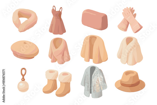 Soft Glam Icons. Soft Glam flat icon set : faux fur stole, velvet dress, fuzzy clutch, satin gloves, wool beret, soft shawl, fuzzy cardigan, cozy wrap, pearl earring, furry boots