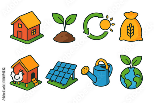 Sustainable Agriculture Icons. Sustainable Agriculture flat icon set: farm house, eco plant, renewable energy symbol, grain sack, chicken coop, solar field, watering can, globe
