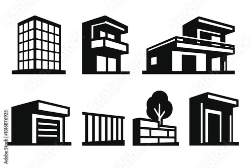 Brutalist Architecture Icons. Modern Architecture silhouette icon set: glass building, balcony, flat roof, terrace, garage, railing, garden wall, entrance