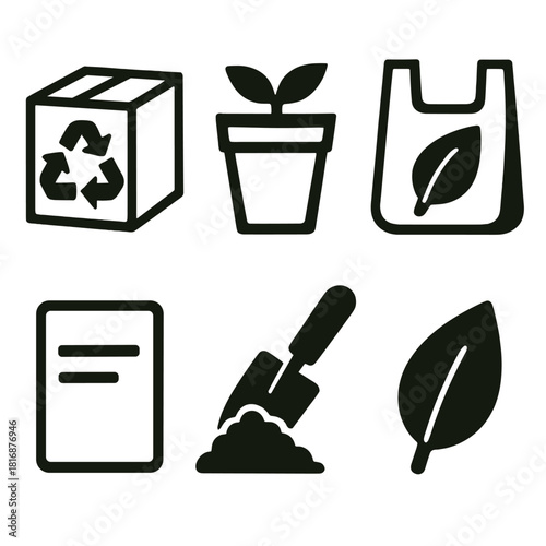 Eco Packaging Icons. Eco Packaging silhouette icon set. recyclable box, paper pot, biodegradable bag, instruction card, compost scoop, green leaf icon