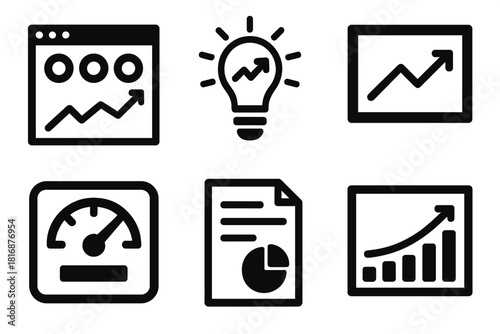 Bold Data Icons. Data-Driven Decisions silhouette icon set: analytics dashboard, insight bulb, trend chart, KPI metric, report summary, performance graph