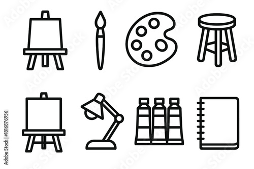Art Studio Icons. Art Studio linear icon set: easel, paintbrush, color palette, stool, canvas, lamp, paint tubes, sketchbook