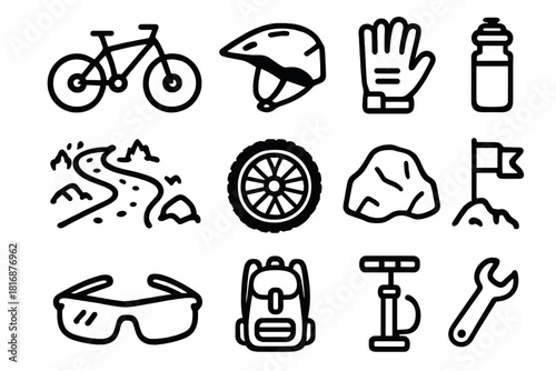 Mountain Biking Icons. Mountain Biking Icons linear icon set. mountain bike, helmet, gloves, water bottle, dirt trail, tire, rock, flag, sunglasses, backpack, pump, wrench