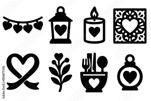 Bold Valentine Icons. Valentine décor silhouette icon set: heart garland, lantern, candle holder, lace pattern, ribbon heart, floral sprig, table setting, small ornament