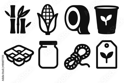 Sustainable Icon Set. Sustainable Materials silhouette icon set. bamboo, cornstarch, paper roll, biodegradable cup, fiber tray, glass jar, jute rope, seed label
