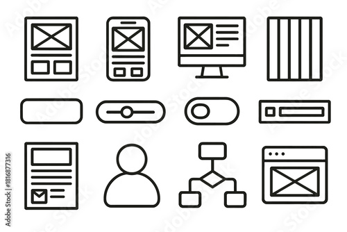 UIUX Design Wireframes. UI/UX design elements linear icon set: wireframe, mobile screen, desktop mockup, layout grid, button, slider, toggle, navigation bar, feedback form, user