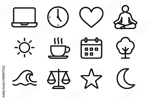 Balanced Lifestyle Icons. Work-Life Balance linear icon set: laptop, clock, heart, yoga pose, sun, cup of coffee, calendar, tree, wave, balance scale, star, moon