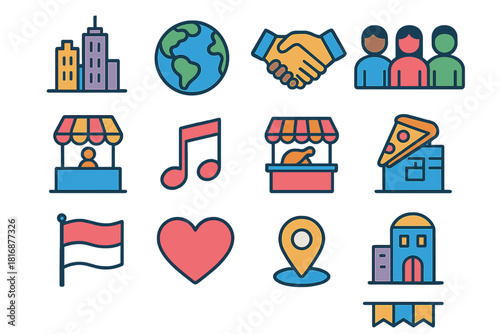 Cultural Icon Showcase. Cultural diversity in cities flat icons set. skyline, globe, handshake, people icons, street market, music note, food stall, flag, heart, map pin, building