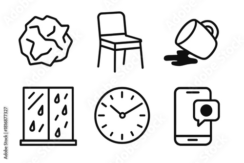 Everyday Icons in Line Art. Life Moments linear icon set: crumpled paper, empty chair, spilled coffee, rain window, clock, unread message