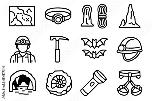 Cave Exploration Icons. Speleology Exploration linear icon set: cave map, headlamp, rope, stalagmite, cave scientist, rock hammer, bat colony, helmet, underground chamber, fossil
