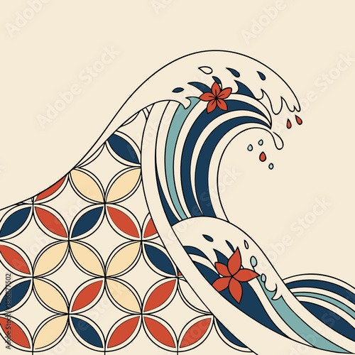 Stylized japanese wave with floral accents and geometric pattern