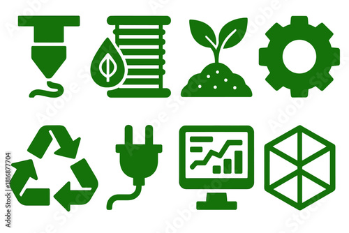 Eco-Friendly Manufacturing Icons. Green Additive Manufacturing silhouette icon set. printing nozzle, biodegradable filament, plant-based polymer, gear part, recycling arrows, power