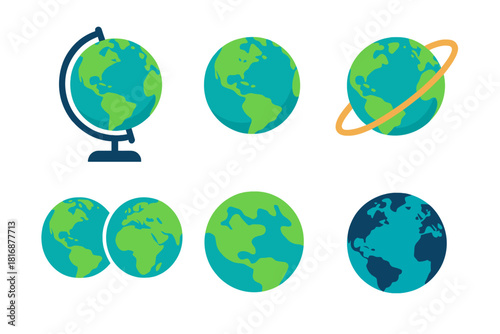 Earth Icons Collection. Planet Earth Set flat icon set: globe on stand, tilted earth, hemispheres, orbit ring, land–water icon, earth silhouette