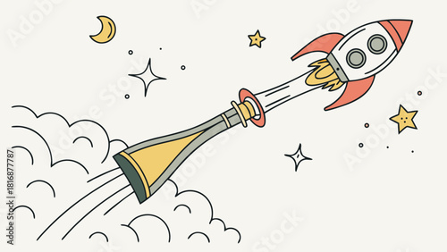 Champagne bottle launching like a rocket vector illustration for celebration party or new years eve isolated on white background