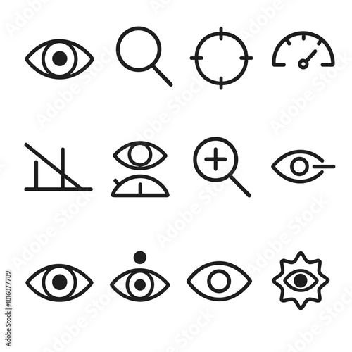 Vision Symbols Icons. Vision & Optics Symbols linear icon set: eye outline, magnifying lens, focus crosshair, clarity gauge, depth perception lines, viewing angle arc, zoom icon